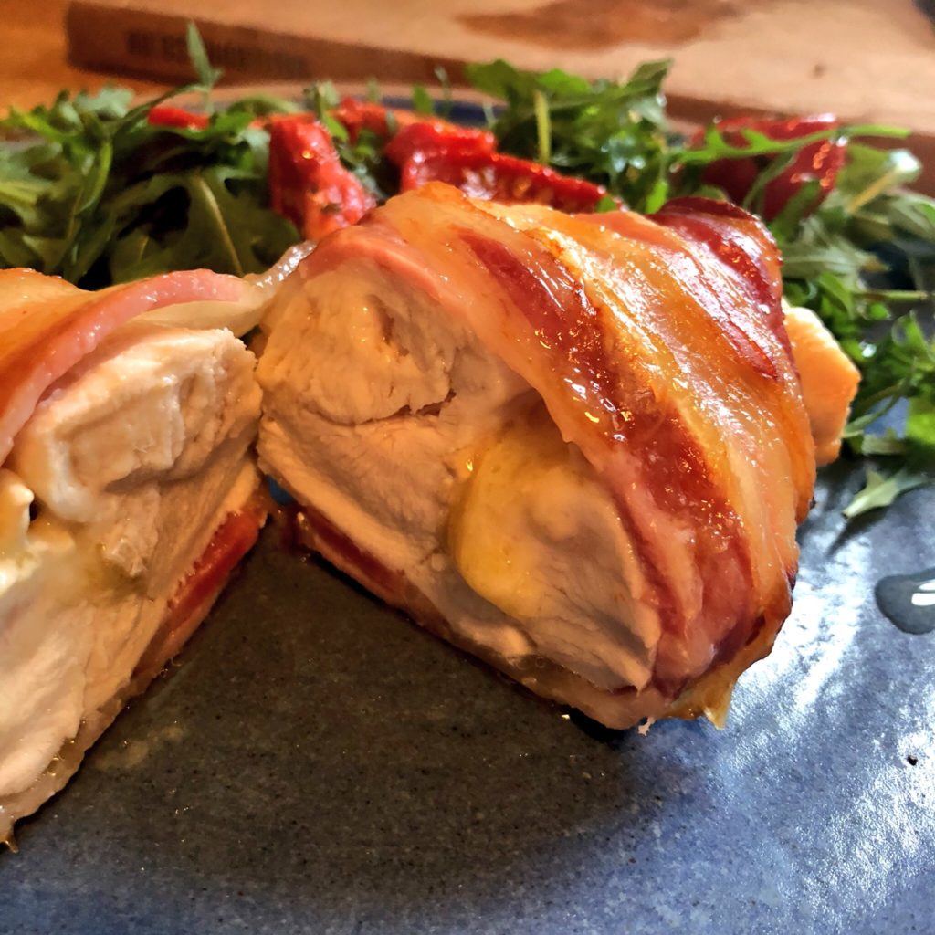 Brie Stuffed Chicken Breasts Wrapped in bacon - Indie Fude
